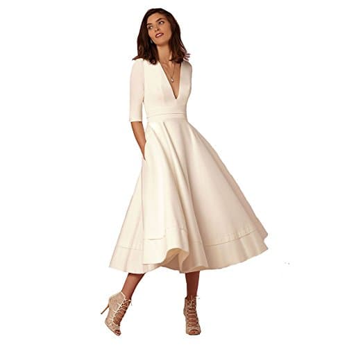 Sugarwewe Elegant White Deep V Half Sleeve ALine Tea Length Cocktail Party Dress White XL