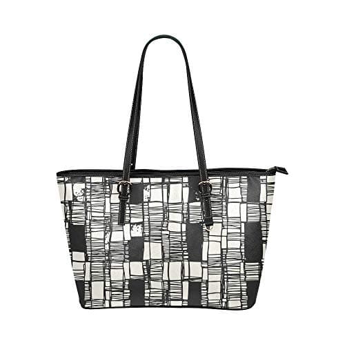 Black White Plaid Texture Large Leather Portable Top Handle Hand Totes Bags Causal Handbags Zipped Shoulder Shopping Purse Luggage Organizer For Lady Girls Womens