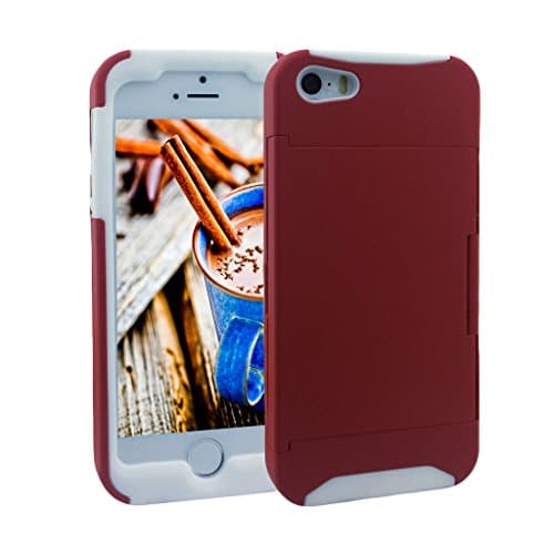 Iphone 5s Case, KYAL (TM) Dual Layer Hybrid High Impact Credit Card Holder Card Slot KickStand Case for Samsung iphone 5 / 5s - Bonus Stylus Pen + Screen Protector - Red on White