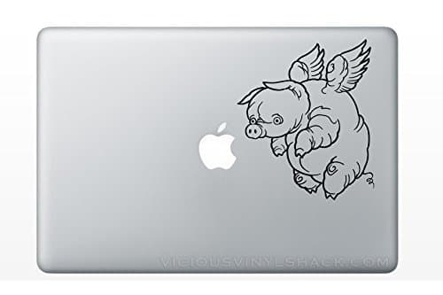 When Pigs Fly Flying Fat Pig with Wings (BLACK) MacBook Laptop Vinyl Decal Sticker Swine Window Car Wings Angel Hog Farm Animal Stuffed Bacon Ham