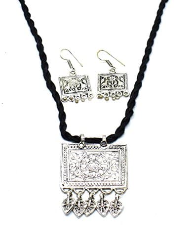 GiftPiper Ethnic Sterling Silver Native American Pendant Earring Set Black Thread Necklace