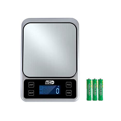 TNO Digital Food Kitchen Scale, 7 Units and High Accuracy Precision Multifunction Cooking Food Scale with Backlit LCD Display, Stainless Steel,11LB/5KG,Batteries Included-Silver
