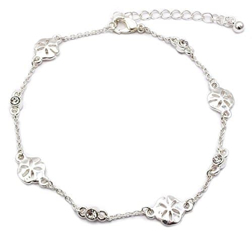 Sealife Summer Theme Bead Link Anklet Sand Dollar Silver Plated Clear Stone