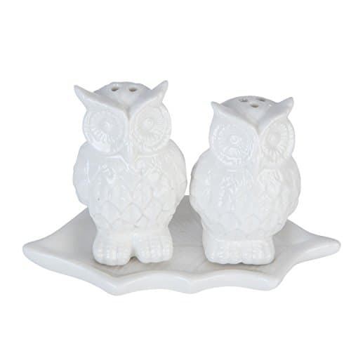 OWLS ON LEAF WHITE CERAMIC SALT &amp; PEPPER SHAKER SET 11.5CM X 5CM X 7.5CM