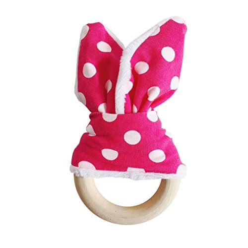 #1 Wooden Teether Ring With Plush Fabric Bunny Ears, Magenta With White Dots