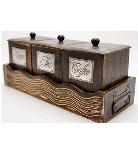 Decorner Wooden Tea,Coffee & Sugar Container Set with lid and Stand, Hand crafted wooden Tea, Coffee & Sugar Container Set, Antique hand made wooden container set with lid and decorative tray
