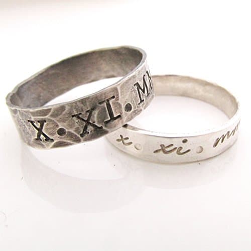 Valentine's Day Ring Set - His and Hers - Anniversary Stacking Rings - Save the Date -sterling silver rings - Roman Numerals