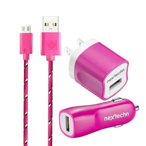 Nextechn H Pink 10 Ft 3 in 1 Ac Wall Charger+ Car Charger+Micro USB 2.0 Braided Data Sync Charging Cable For Samsung Galaxy S3 S4 S6 S7 Note4 N5 HTC LG SONY Android Phones