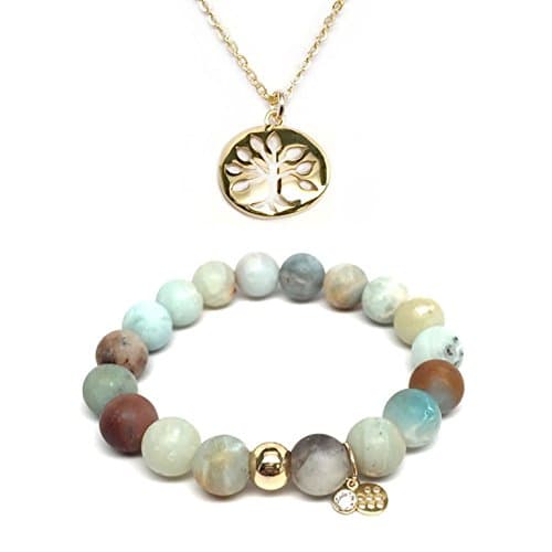 Set 10mm Green Amazonite Emma 7" Stretch Bracelet 12mm Tree Of Life Charm 16" gold Necklace