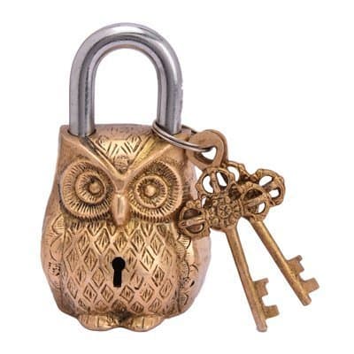 Aone India Handmade Brass Antique Lock with Owl Idol