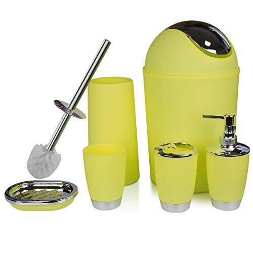 Yellow Bathroom Accessories Sets Complete, 6 Piece Luxury Bath Accessory Set Home Decoration, Lotion Dispenser, Toothbrush Holder, Bathroom Tumblers, Soap Dish, Trash Can, Toilet Brush