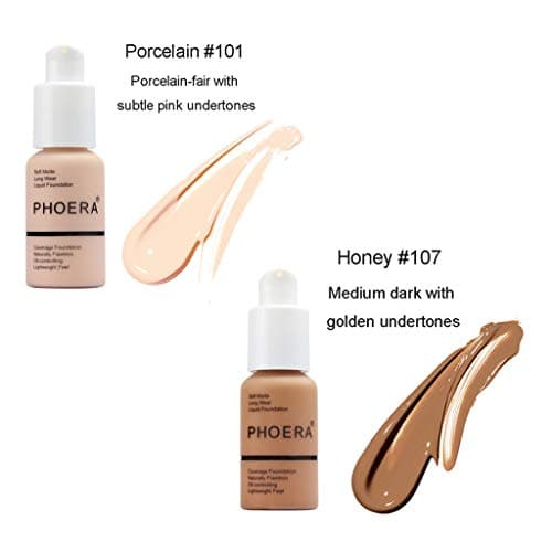 2PCS Foundation Liquid, Foundation Full Coverage New 30ml PHOERA 24HR Matte Complexion Hydrating Gel Cream Oil Control Concealer Liquid Foundation (101+107)
