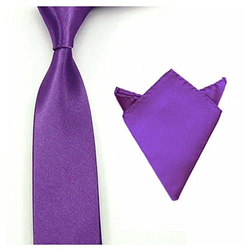 Men Satin Solid Color Necktie Tie Hanky Handkerchief Pocket Square Set Color:Purple