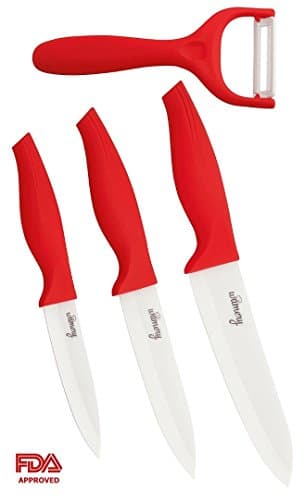 Wamery RedCeramicRep RED Ceramic Set Professional knifes and peeler kitchen, 4 pieces set, Ultra light, Ultra sharp blades and Long Resistance, Red