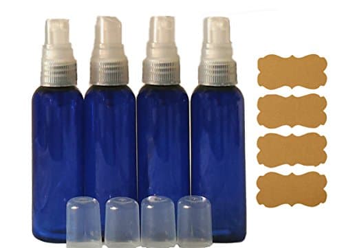 2oz Blue Plastic Bottles Fine Mist Sprayer Atomizer Caps w/Kraft Labels 4/pk Leak Proof for DIY Aromatherapy Fragrance Personal Care Travel
