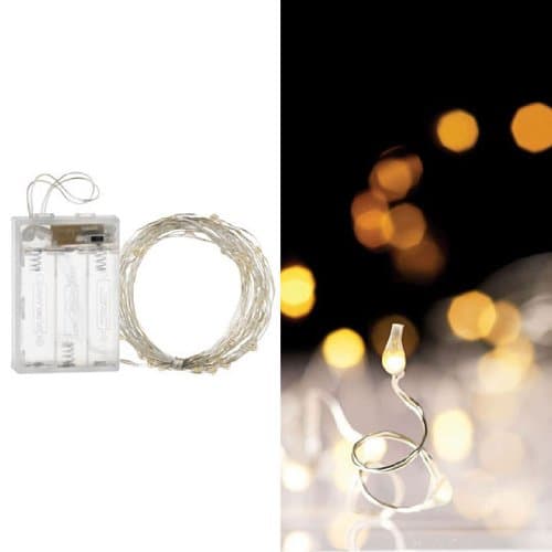 20 Feet; 60 Micro LED White Light String Garland for Weddings, Christmas, or Displays, Battery Operated with Timer