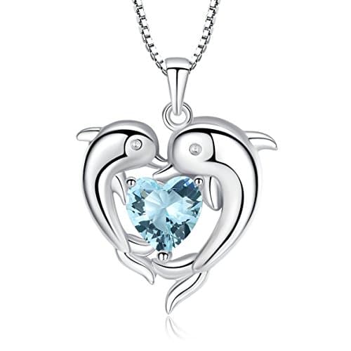 Sterling Silver Double Dolphin with Light Blue CZ Heart Pendant Necklace, Jewelry for Women, Girl, 18"