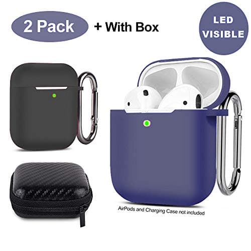 AirPods Case [Front LED Visible] Silicone Case Cover Ultra Thin Protective Case Skin with Keychain for Apple AirPods 2 & 1 Charging Case 2 Pack [Supports Wireless Charging] (Navy Blue & Black)