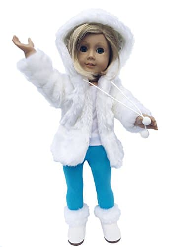 MangoPeaches 18" Doll Winter Snow Coat - 3 pc Deluxe Set - 18" Doll Clothes: Fashion Winter Coat with Pom Poms - Leggings - White Fuzzy Boots - Designed USA!!!