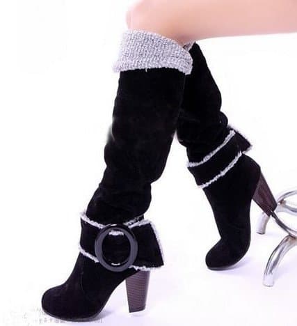 Snow Boots Big size 34-43 Square High Heels Knee High Winter Shoes for Women Sexy Warm Fur Buckle Fashion Boots