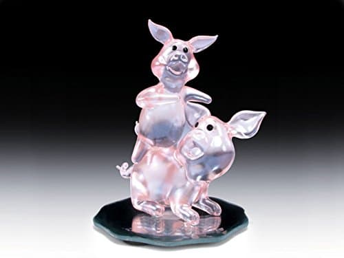 Art Glass 2 Pigs on Flower Shaped Mirror Base Decorative Glass Figurine 3.5"