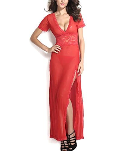 M-3XL Deep V-neck See-through Slit Mesh Babydoll Tunic Intimate Long Gown (XXL, red)