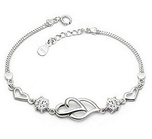 Live Future 925 Long Sterling Silver Necklace Hearts are Linked Together Hand Catenary for Women Girls (Silvery)