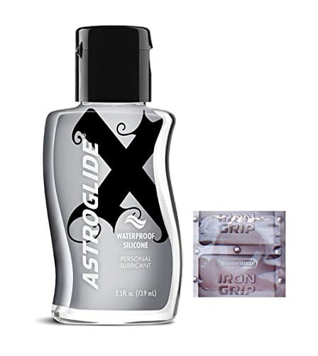 Astroglide X Premium Silicone Personal Lubricant 2.5 oz + 12 Count Caution Wear Iron Grip Condoms Snugger Tighter Fit Smaller Size