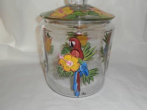 Hand painted gallon storage/cookie jar. Painted in red parrot/yellow hibiscus.
