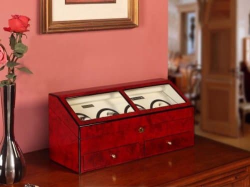 Nathan Direct Red 8-Watch Lockable Watch Winder with 2 Drawers and 4 Program Settings, Red Burl