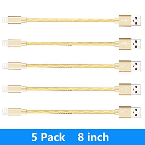 5Pack 8 inches Short Nylon Braided Cord Lightning Cable Certified to USB Charging Charger for iPhone 7,7 Plus,6S,6,SE,5S,5,iPad,iPod Nano 7 (Gold)