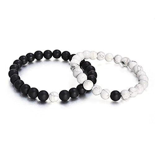 VirgoL Couples Beaded Charm Bracelets Black Matte Agate &amp; White Howlite 8mm Beads