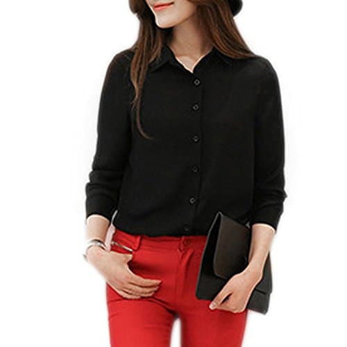 Moda Jihan Women's Long Sleeve Button Down Chiffon Blouse Shirt Top (XXXL, Black)