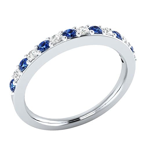 Star Retail 14k White Gold Plated 0.45 ct Created Blue Sapphire Round &amp; Lab Created Diamond Alloy Solid Half Eternity Wedding Band Ring For Women's