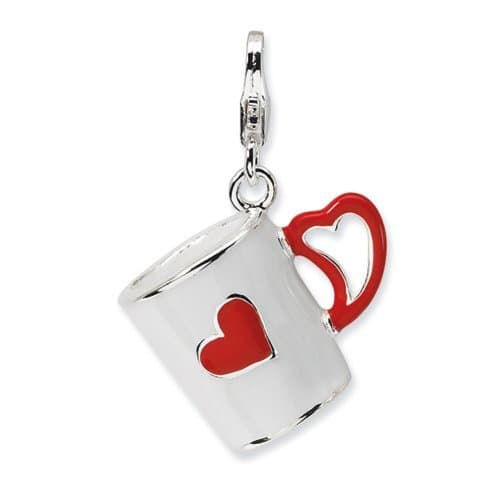 3-D Enameled Coffee Cup With Heart W/Lobster Clasp Charm-Sterling Silver