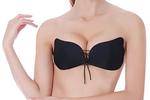 Magic Bra Women's V-shaped Rope Backless Strapless Adhesive Invisible Silicone Bra (FABRIC BLACK A)