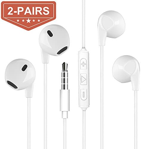 Wired 3.5MM Earphone/Earbuds/Headphones with Remote and Microphone for Apple iPhone iPod iPad Samsung Galaxy S6 S7 S8 and Android Phones (WHITE-2 Pairs)