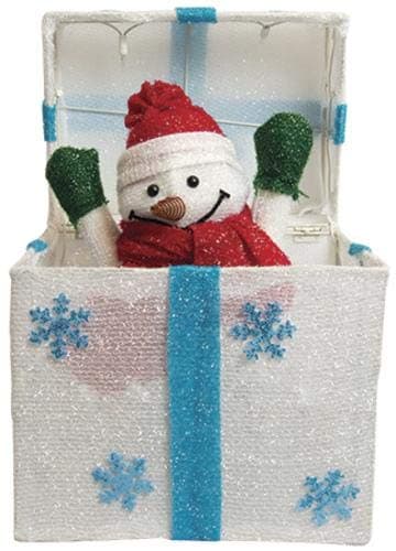 Enchanted Forest Animated Snowman in Gift Box Peeking Out Pre Lit 20 Lights Christmas Decoration Moving