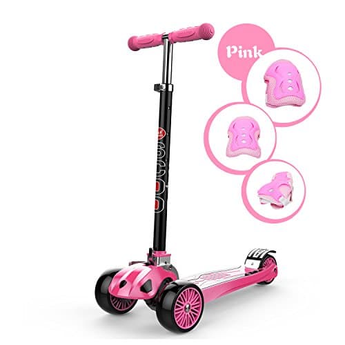 Kid Kick Scooter 3 Wheels Childern Security Toy Folding/5cm Wide PU Flashing Big Wheels/Pedal with Stainless Steel 80KG+/4 Adjustable Height T-Bar/Over 4 Year Old Boys Girls Gift Pink