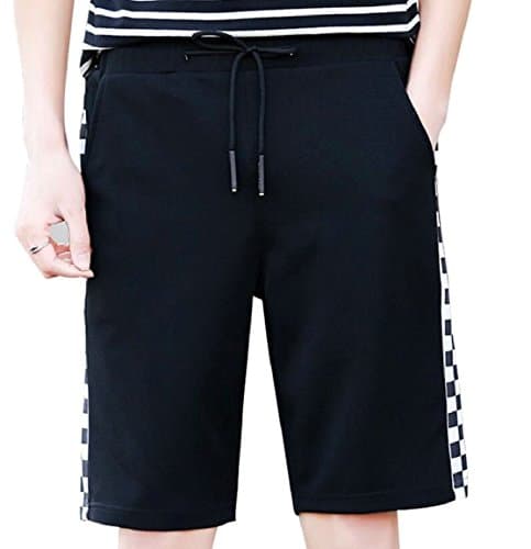 Smeiling Men Leisure Checkered Drawstring Elastic Waist Summer Shorts Black M