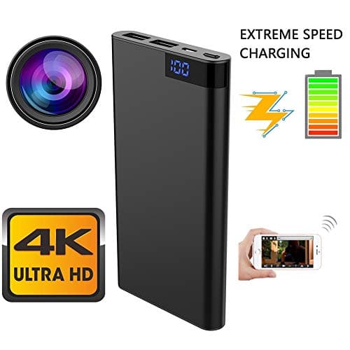 FRUZAZ WIFI 4K Portable 2 in 1 Multi-function Mobile Power (10000mAH) + HD 1080P Night Vision Memory Expansion 128G Camera, black