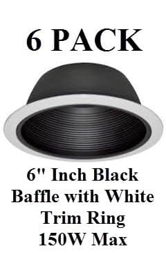 6” INCH RECESSED LIGHTING BLACK BAFFLE WITH WHITE TRIM RING REPLACES HALO JUNO CAPRI - 150W - 6 PACK