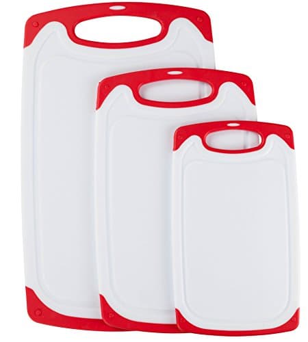 Premium Plastic Cutting Board Set By Wahilulu - 3 pc Non-Slip Kitchen Essential Chopping Board Kit - Dishwasher Safe - Non-Slip Rubber Ends & Handles - Anti-Drip Juice Groove Lip (Large, Red)