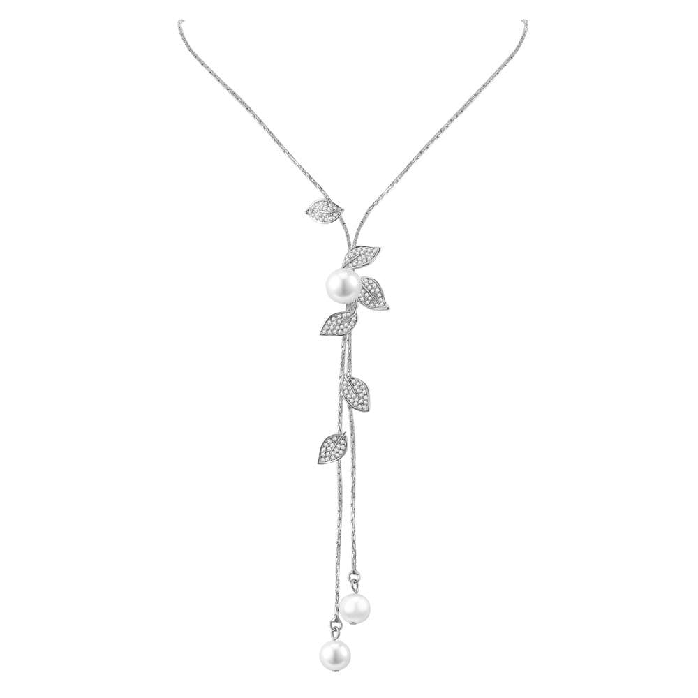 Lariat Y-Shaped Necklace High End Leaf Dangle Long Jewelry with Crystals Pearl
