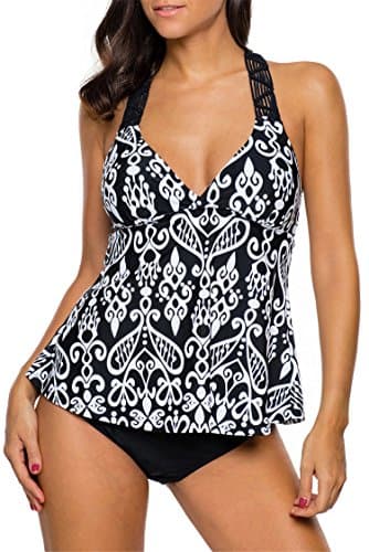 Diukia Women Patchwork Printed Open Back Tankini Top Set 2 Pcs Swimsuit Swimwear X-Large
