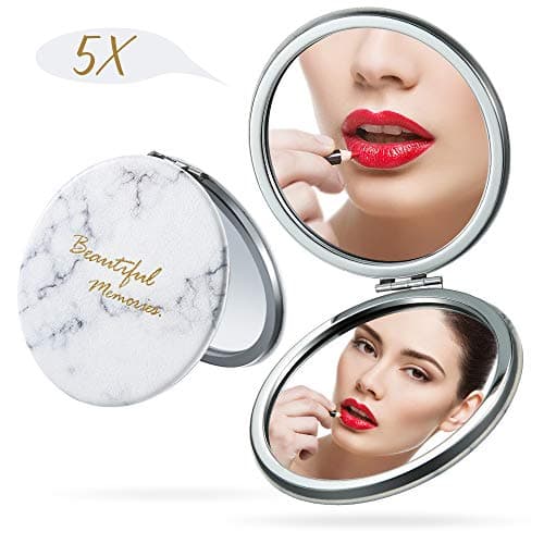 Magnified Makeup Mirror Double Sided - Compact and Folding Mirror with 5x Magnified Side/1x Side Normal view, Pocket Size for Travel（White)