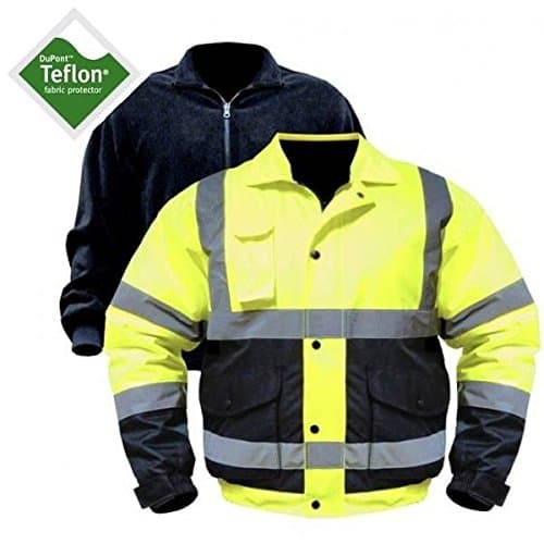 Utility Pro - High Visibility Bomber Jacket with Removable Fleece and Teflon Fabric Protector - Reflective Safety Wear (Yellow) (4XL)