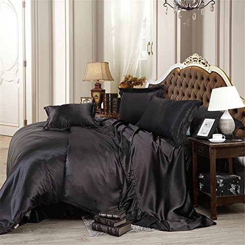 Opulence Bedding Luxurious Ultra Soft Silky Satin 4-Piece Bed Sheet Set Black, Cal-King