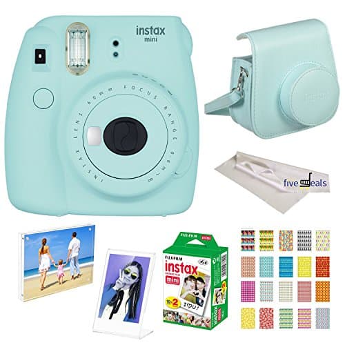 Fujifilm Instax Mini 9 instant Fuji Camera ICE Blue + Camera Case + instant Mini 9 Film Twin Pack + instax Picture Frame + instax Magnet Frame + 20 Border Stickers Kit +FREE Cleaning cloth (Ice Blue)