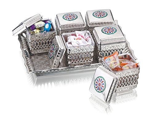 Sukhson India Silver Finished Containers Set With Tray, Box, Platters For Storing And Serving Dry Fruits, Sweets, Chocolates, Beautiful Meenakari Handicraft Work, Fancy Multipurpose Decorative